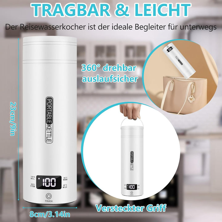 GuKKK Reisewasserkocher Klein Elektrische, 500ML Tragbarer Wasserkocher Mini Wassertasse Edelstahl 3