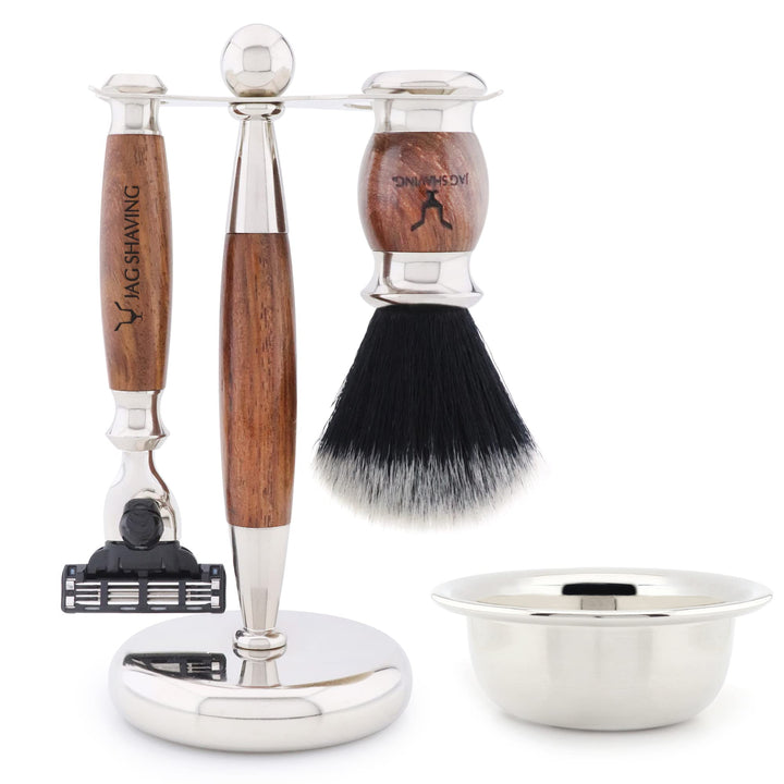 Jag Shaving Rasierset 4-in1 Rasierpinsel-Set – synthetisches Schwarz mit weisser Spitze – Rasiermess
