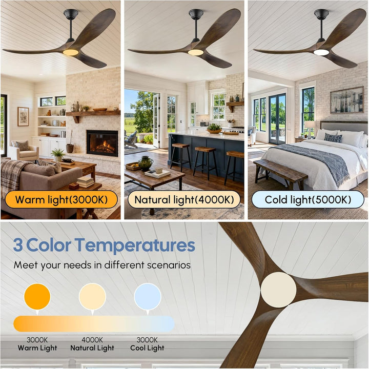 178 cm Deckenventilator mit Licht und Fernbedienung, Modernes Landhausstil, 3 Solide Holzblätter, Ho