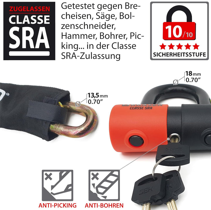KRASER KR50120 Kettenschloss Schloss Motorrad-Scheibensperre gegen Diebstahl Mini U ø18 + Kette 120