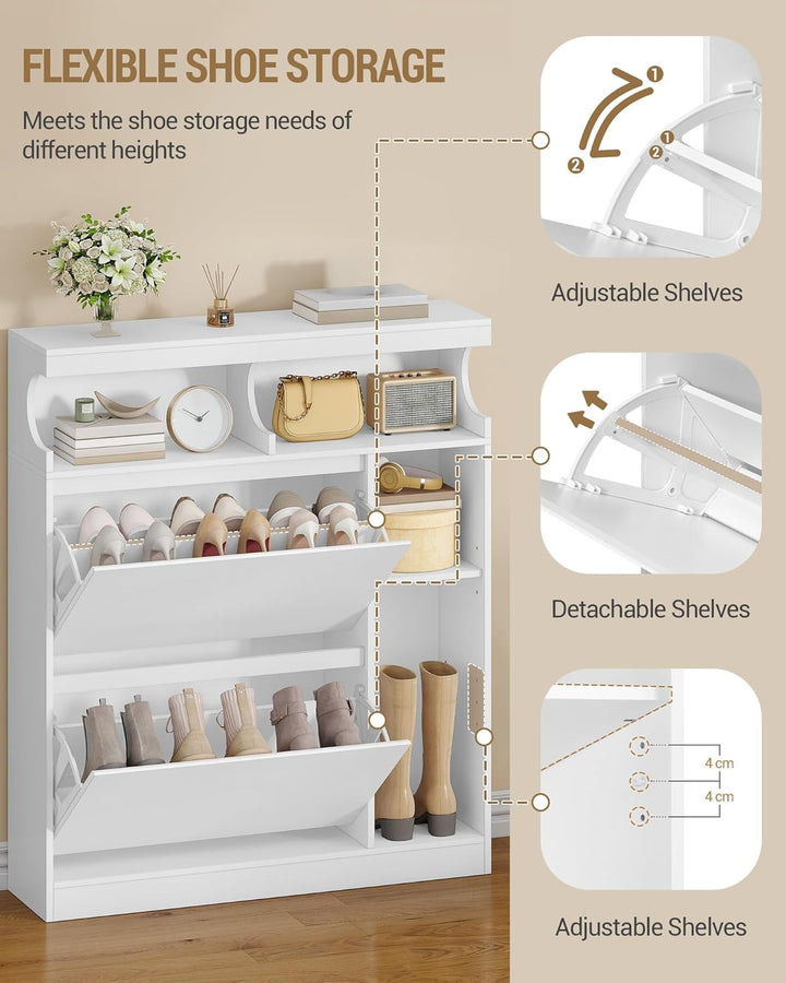 Hzuaneri Schuhschrank mit 2 Klappen, Schmal Schuhschrank mit 3 Ablagefächer, Trennwand Verstellbar,