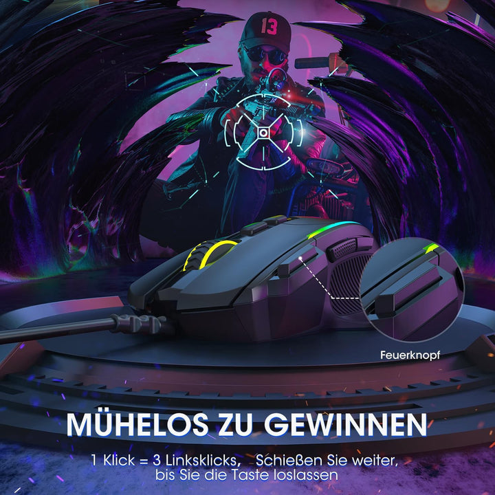 Gaming Maus, Gaming Mouse mit 8 Programmierbare Tasten und Einstellbar 8000 DPI, RGB Beleuchtung PC