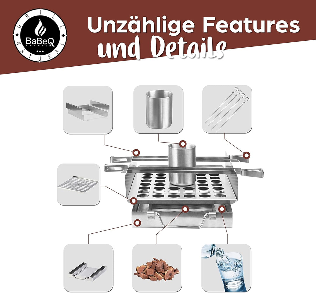All-in-One Grillhalter aus Edelstahl für Grillspiesse, als Grillkorb, Grillpfanne inkl. Hähnchenbrät