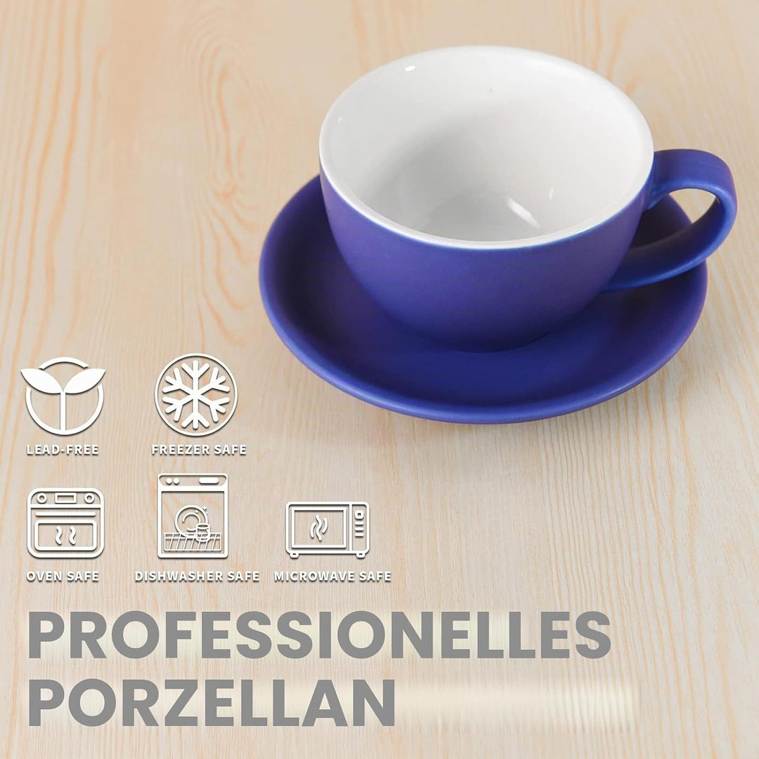 Yundu Latte-Tasse und Untertasse, Porzellan, 294 ml, für Cappuccino, Tee, Café, Mokka, 4 Stück, matt