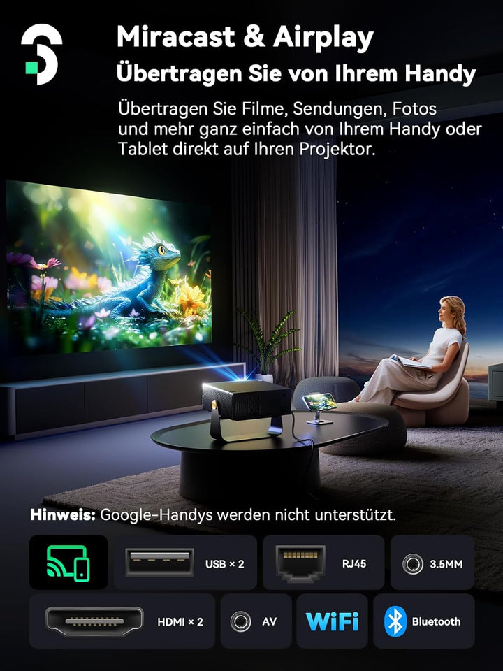 SOOMFON Smart Beamer 4K Heimkino - Kleiner Beamer für Handy Autofokus ＆ Trapezkorrektur, Mini Projek