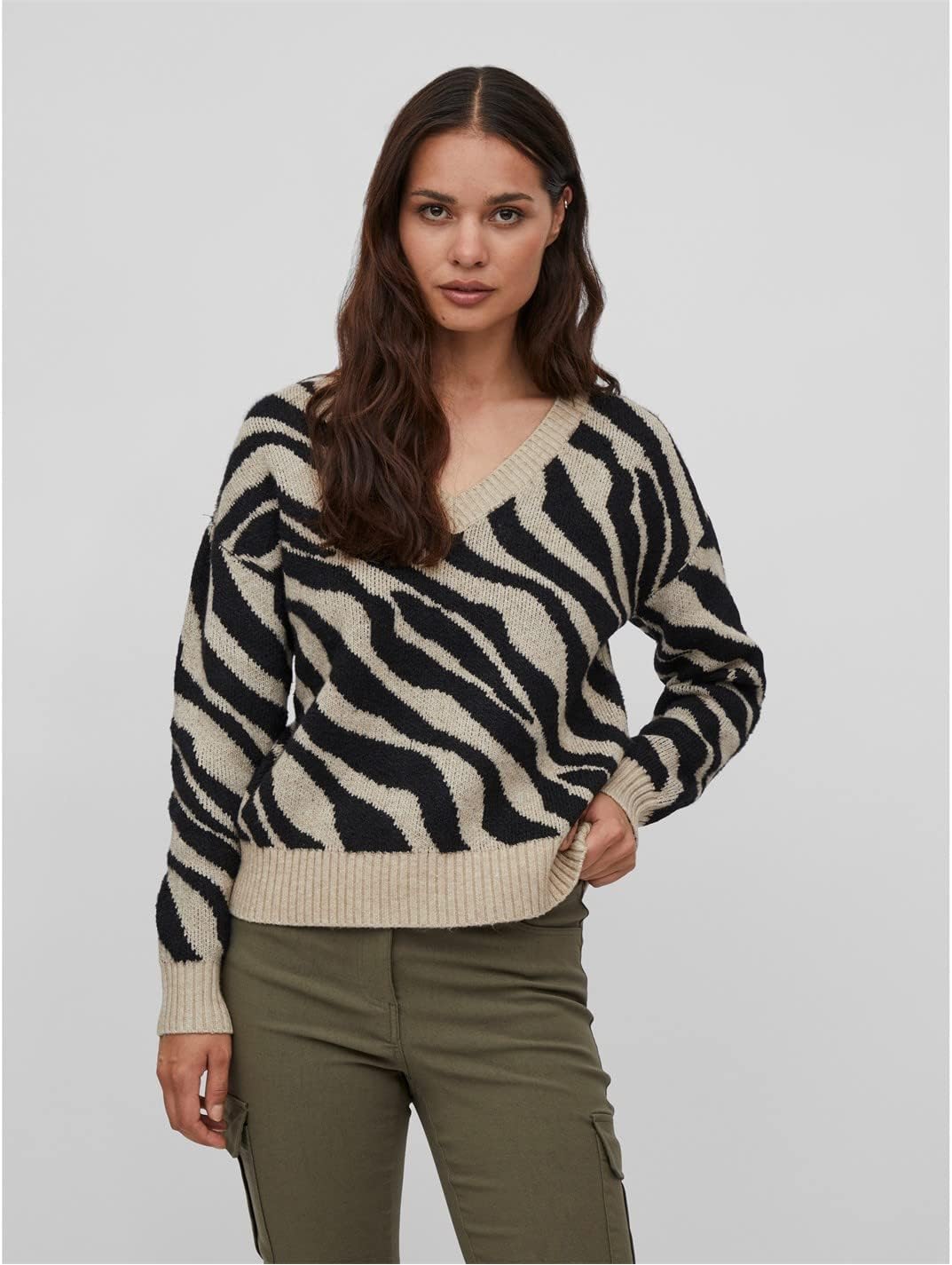 Vila Damen Viril Feami Mix V-Neck L/S Knit Top-noos Pullover XL Natural Melange/Pattern:with Black,