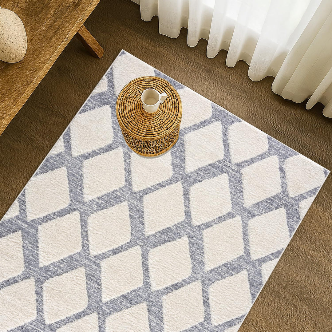 payé Teppich Wohnzimmer Hochflor - Boho - Skandinavisch -160x230cm - Pastell Creme Grau - Raute Must