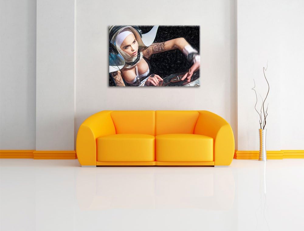 Pixxprint Tätowierte DJ Frau als Leinwandbild/Grösse: 100x70 cm/Wandbild/Kunstdruck/fertig bespannt,