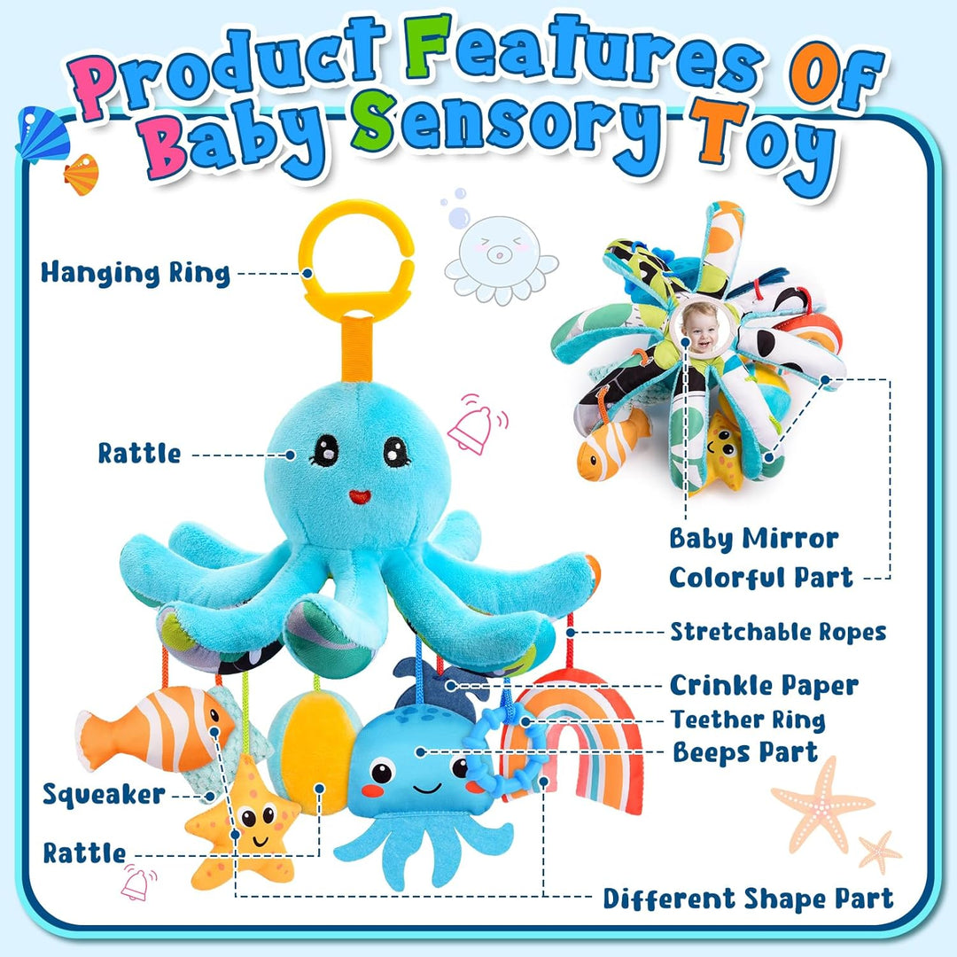 Plüsch Oktopus Baby Spielzeug 0-18 Monate – mit 8 hängenden Sensory-Spielzeugen & Spiegel– Baby Mont