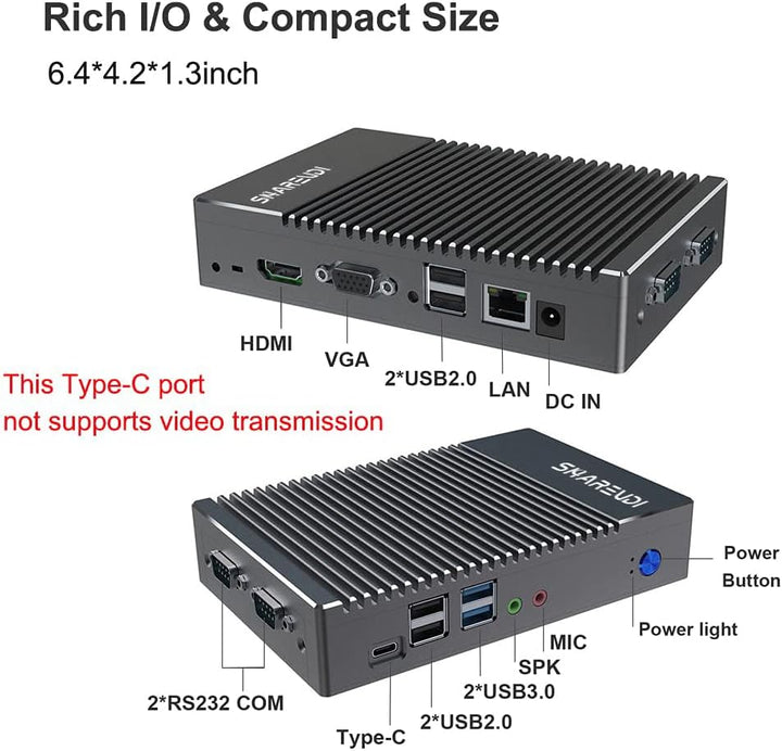 Sharevdi Fanless Mini PC, Micro pc AMD 6400T (1.0GHz-1.6GHzz), Mini Desktop Computer HD/VGA/BT4.0/Ty