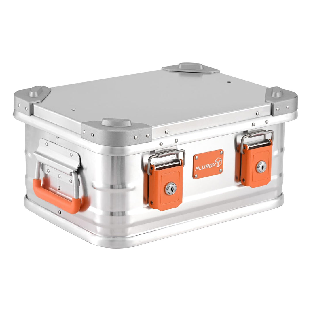 ALUBOX Alukiste abschliessbar E18 - Premium Aluminium Lagerbox 18 Liter - Deckel mit Aluminium Druck