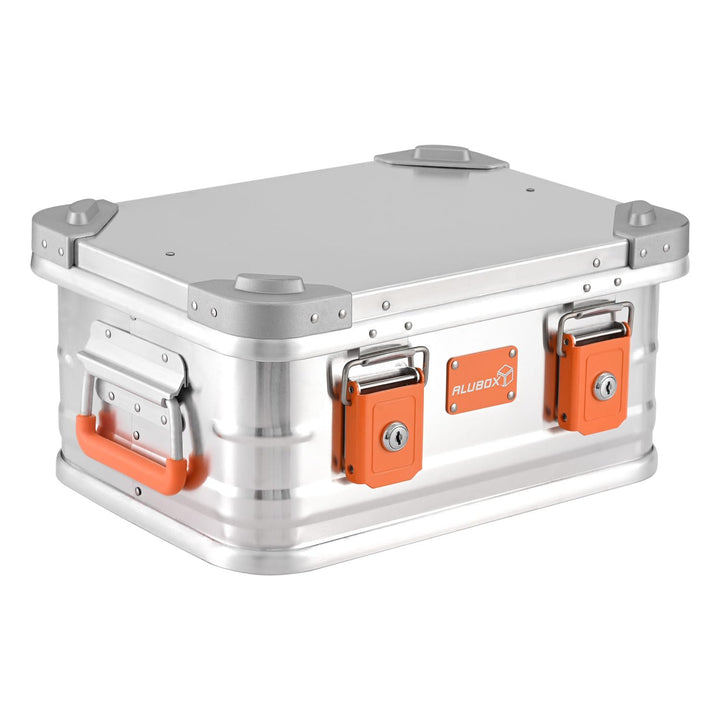 ALUBOX Alukiste abschliessbar E18 - Premium Aluminium Lagerbox 18 Liter - Deckel mit Aluminium Druck