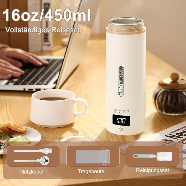 Tragbarer Reisewasserkocher 450 ml 4 Temperatureinstellungen Mini-Wasserkocher zum Anschliessen Edel