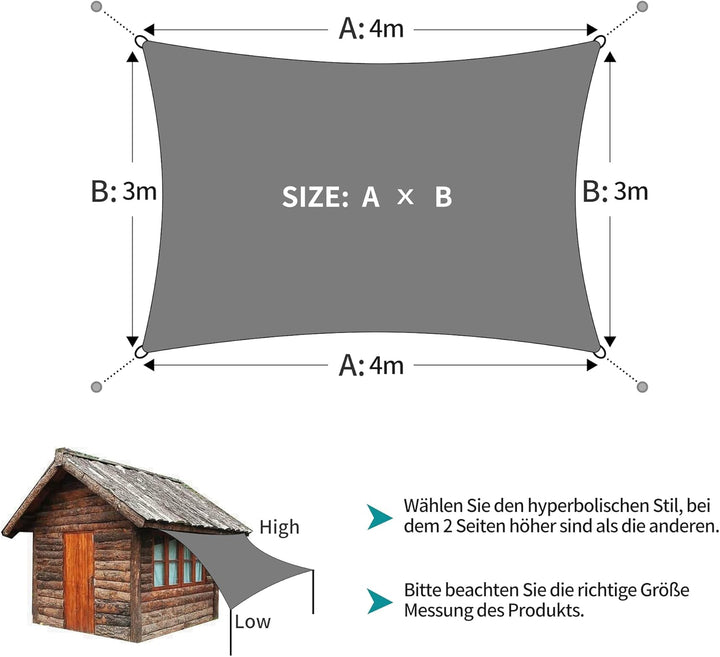 Duhome Sonnensegel Wasserdicht 3x4m, Sonnenschutz Wetterbeständig Rechteck UV-Schutz inkl Befestigun