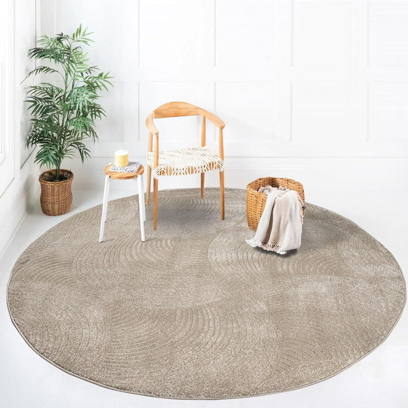 payé Teppich Rund Kurzflor - 200x200cm - Beige - Einfarbig Uni Kreisförmige Muster Modern Wohnzimmer