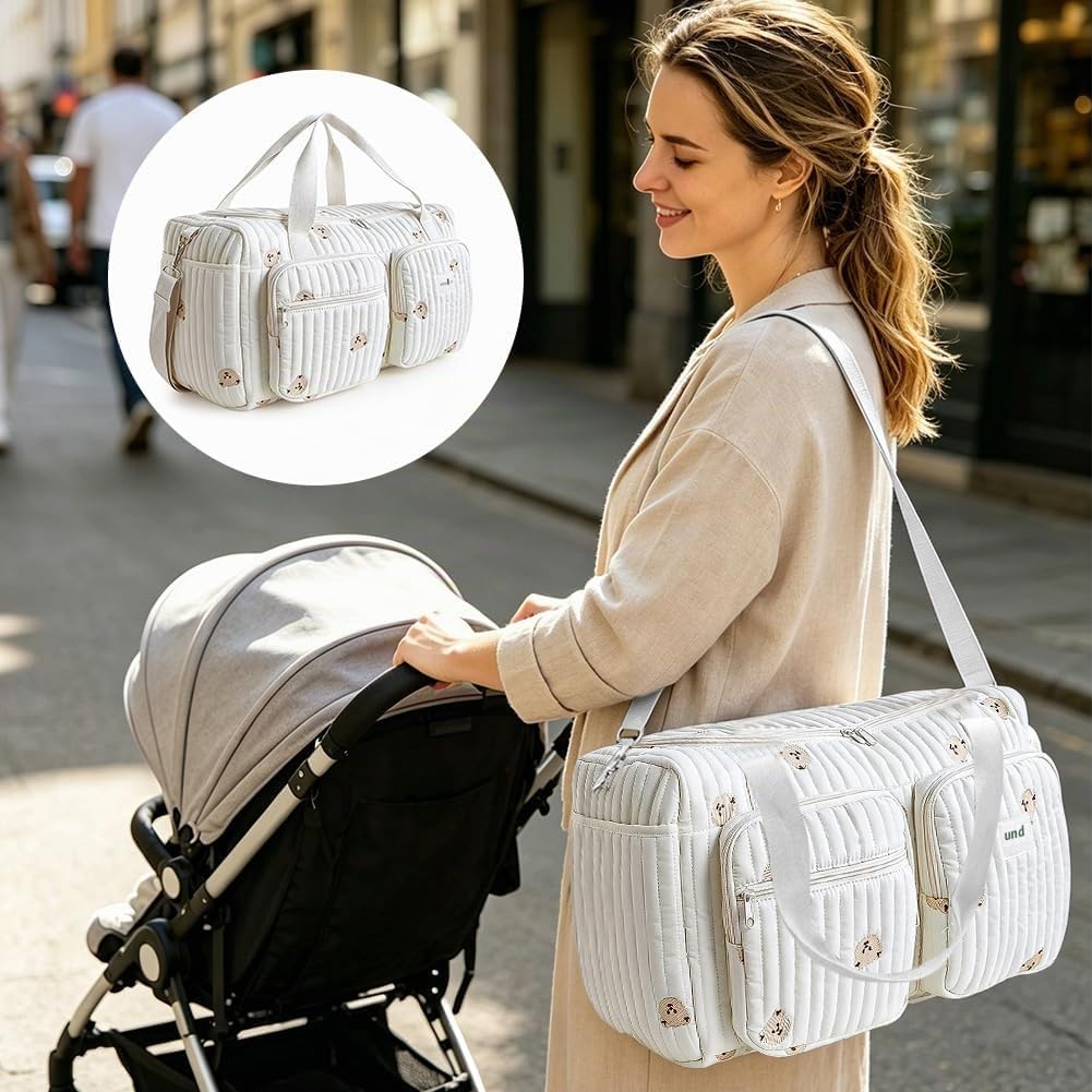 Grosse Wickeltasche Kliniktasche Geburt 48×22×26 cm – Baumwolle Baby Tasche mit Stickerei, Mama Tasc