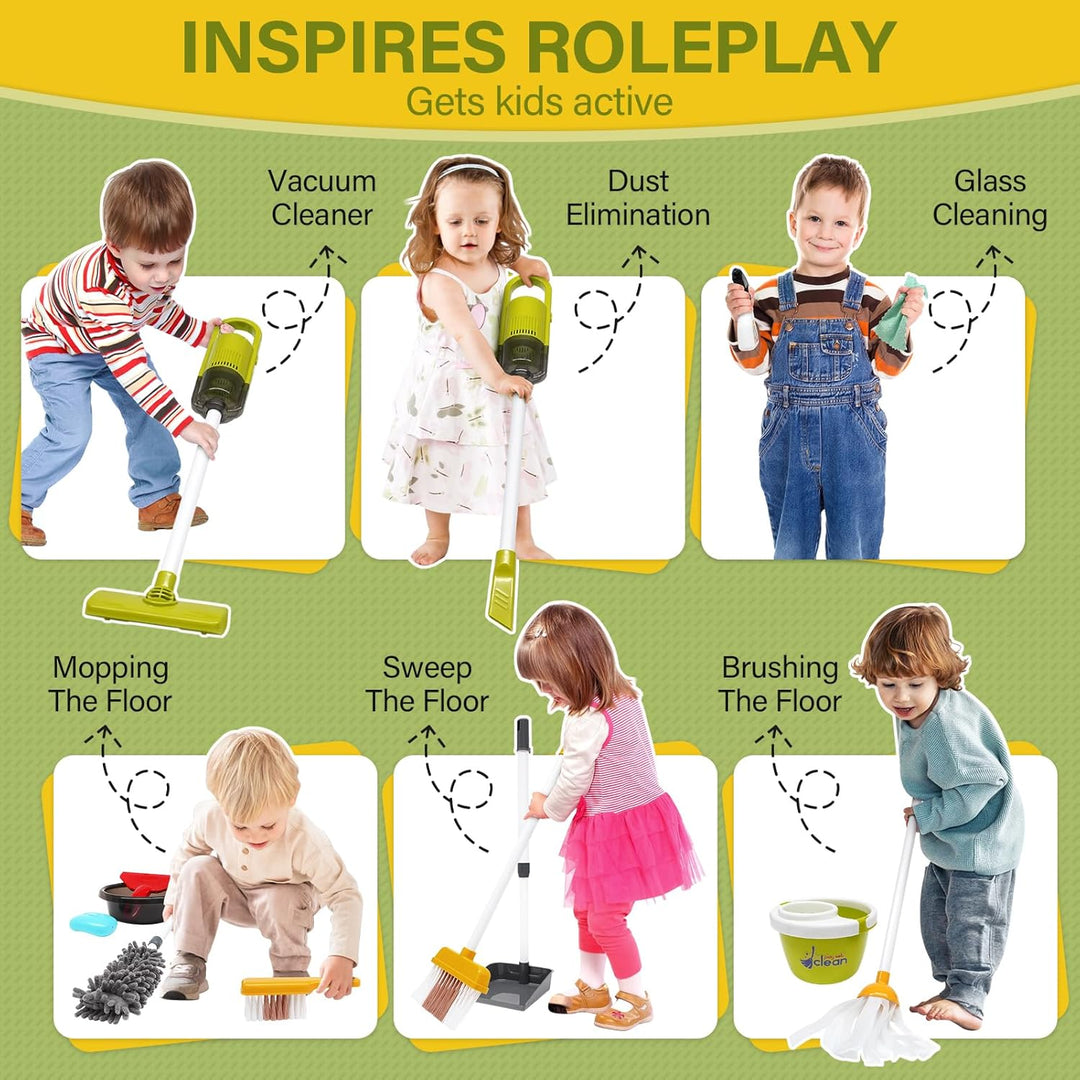 Dreamon Kinderstaubsauger Mit Saug und Soundfunktion, 14 PCS Putzset für Kinder, Staubsauger Kinder