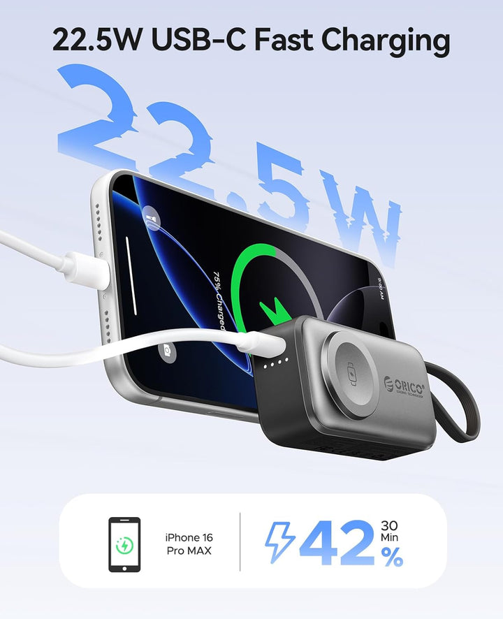 ORICO Mini Powerbank 5000mAh, PD 22,5W Externe Handyakkus mit Klappbarem USB-C Stecker & USB-C Kabel