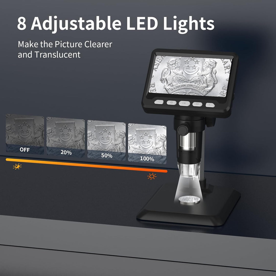 Ashfly Mikroskop, LCD Digital Mikroskop 500X 4,3-Zoll 1080P USB Mikroskop mit 8 einstellbaren LED Li