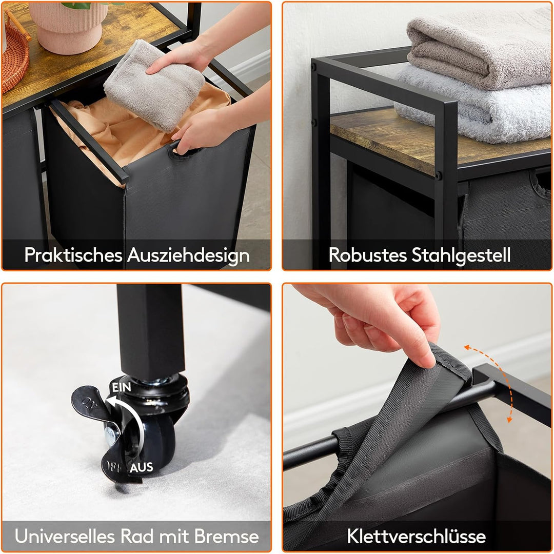 Lifewit Rollbarer Wäschekorb, 95L 2 ausziehbare Wäschekörbe für Wäsche mit oberem Regal & 2 abnehmba