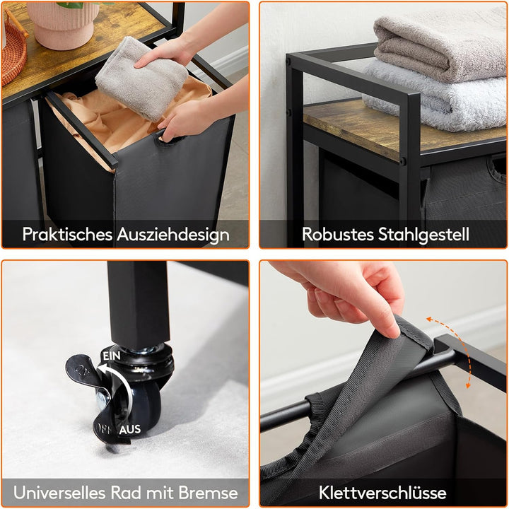 Lifewit Rollbarer Wäschekorb, 95L 2 ausziehbare Wäschekörbe für Wäsche mit oberem Regal & 2 abnehmba