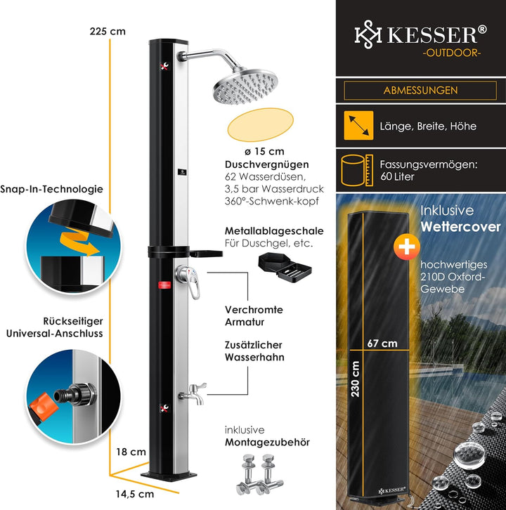 KESSER® Solardusche 60L Gartendusche, Solar Dusche für Garten & Pool mit warmem Wasser, Pooldusche o