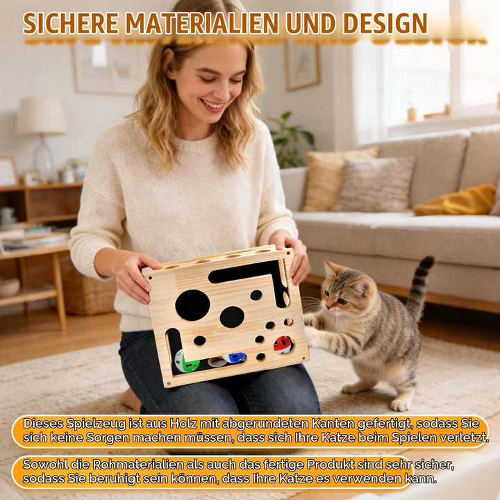Katzen Krallenpflege Spielzeug, 30*25CM Kratzpuzzle Spielbox Holz Katzen mit 3 Ball 2 Minzstange, In