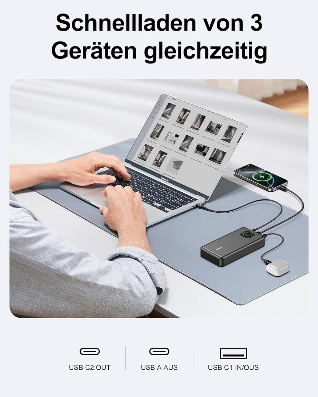Power Bank 65W 25000mAh Powerbank Laptop Klein Aber Stark, 100W Max Externe Handyakkus LED Display U
