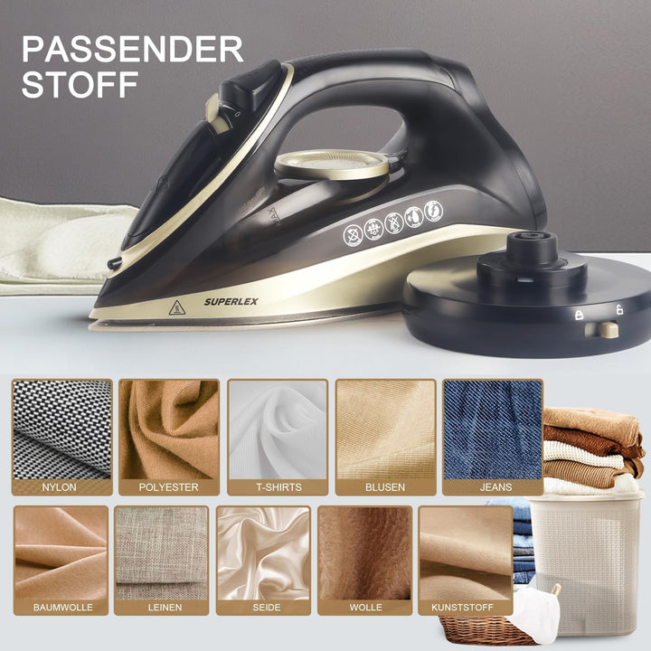 SUPERLEX Dampfbügeleisen Kabelloses 2600W, Vertikal Cordless Steam Iron Antihaftbeschichtung Keramik