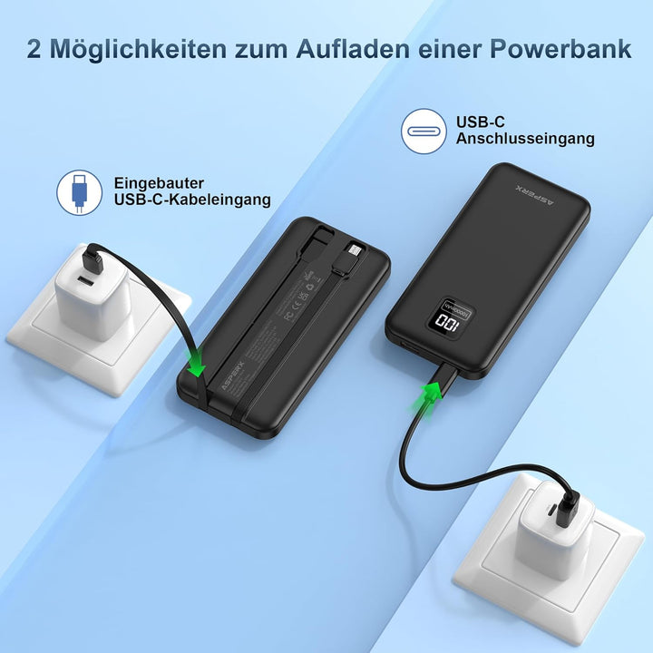 AsperX 2er Powerbank 10000mAh mit USB-C Kabel,4 Ausgängen Schnellladen,Power Bank Klein Aber Stark m