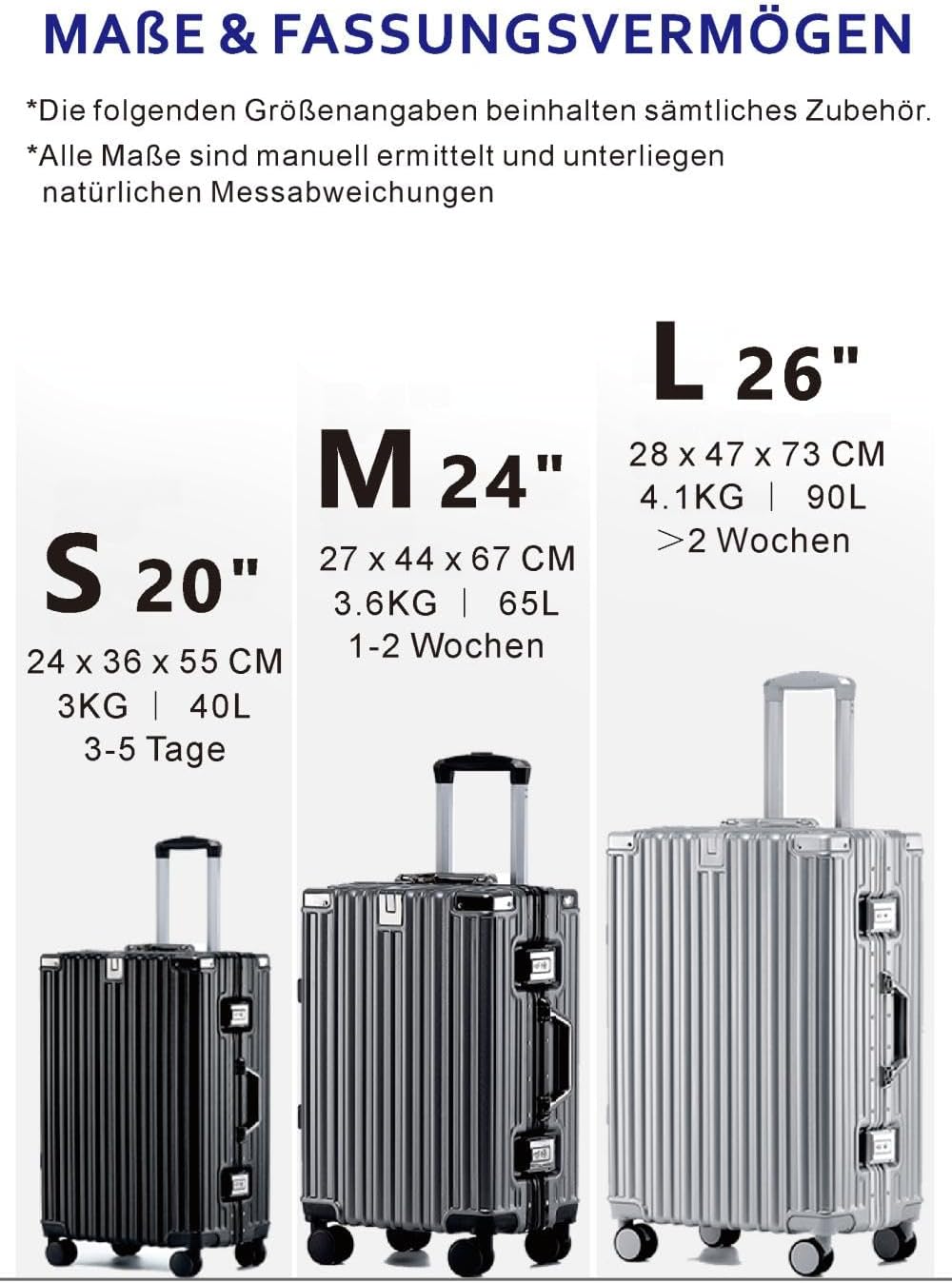 Aoliwei Mittelgrosser Koffer M 67cm - Alurahmen Hartschalenkoffer aus 100% Polycarbonat, ca. 65L - P