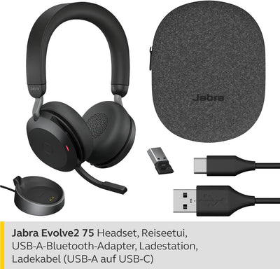 Jabra Evolve2 75 Wireless PC Headset with Charging Dock and 8-Mic Technology - Dual Foam Stereo Head