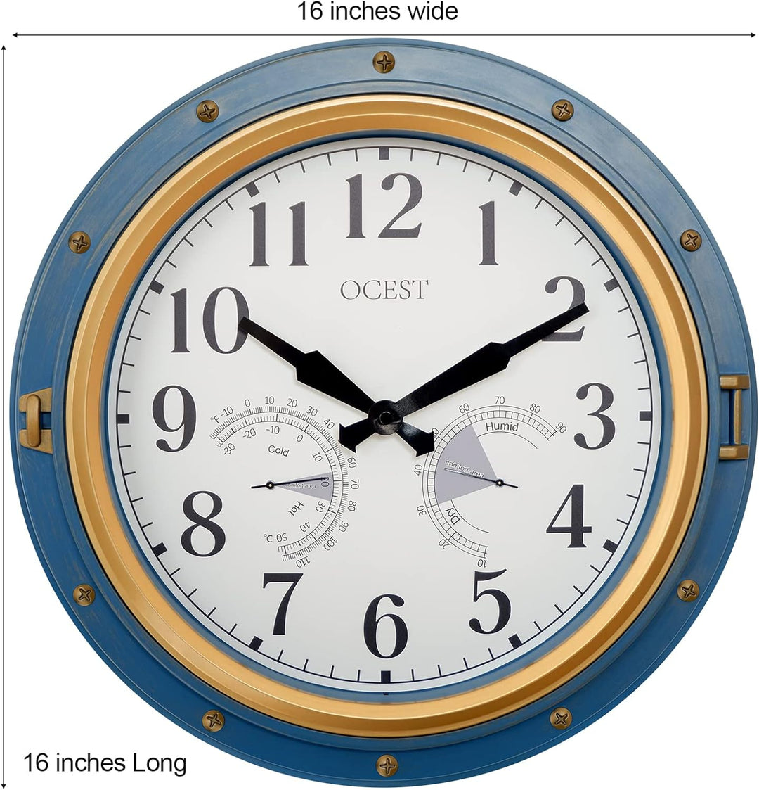 OCEST Gartenuhr Wetterfest, 40,6 cm Wasserdicht Wanduhr mit Temperatur und Luftfeuchtigkeit Retro le