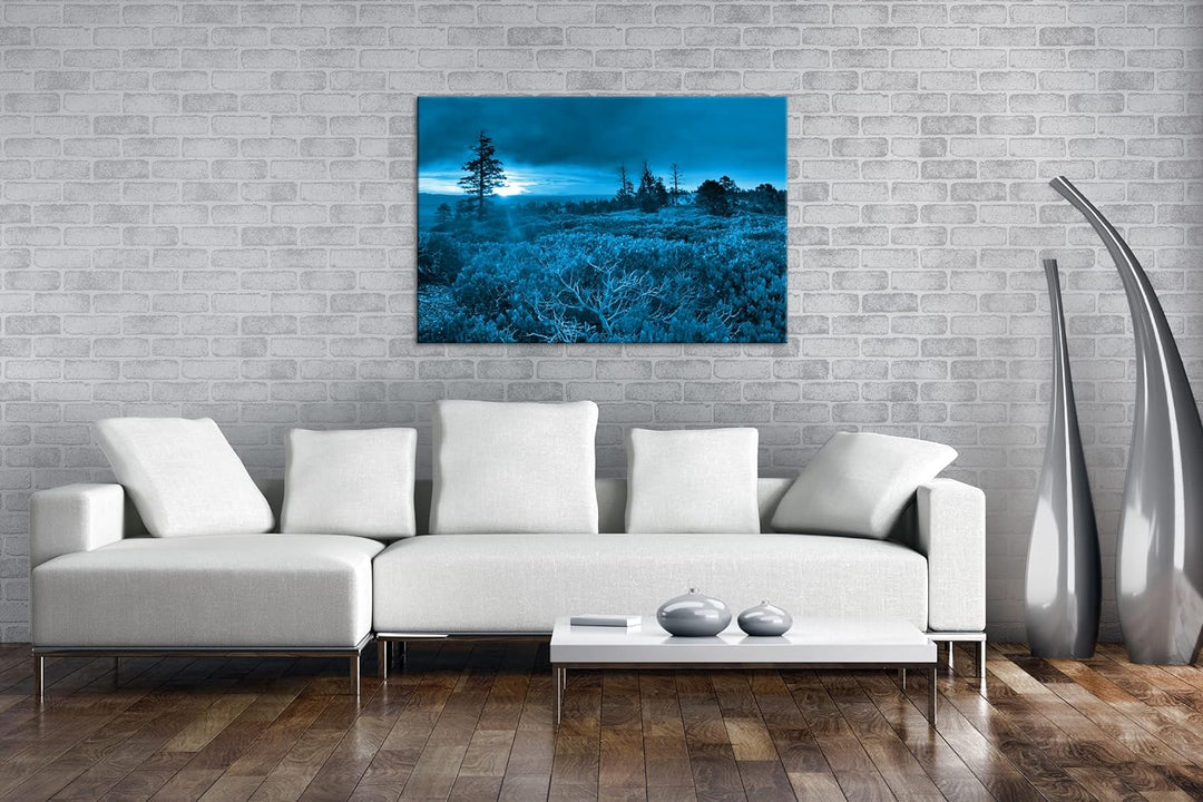 deyoli bezauberte Landschaft bei Sonnenaufgang Format: 100x70 Effekt: Monocrome Blau als Leinwand, M