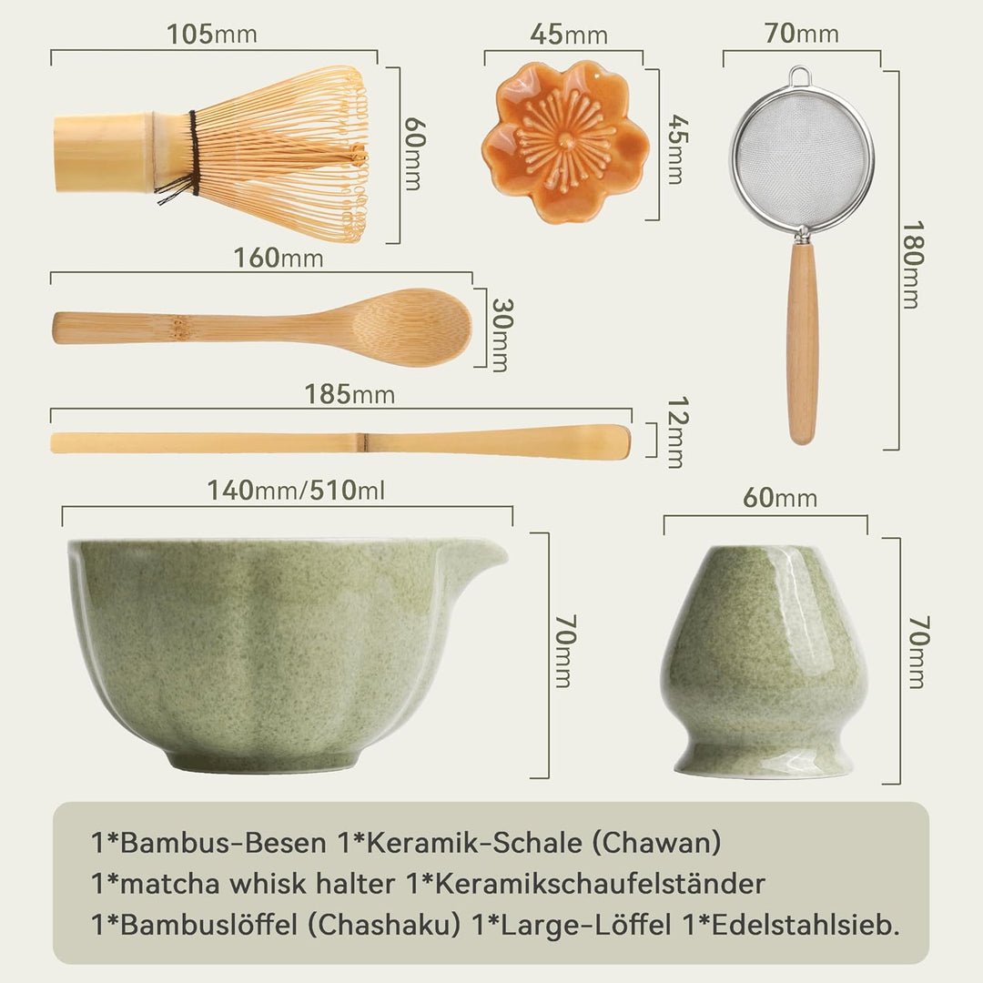 HEI MING Premium Matcha Set 7-teilig – Exklusives Teezeremonie-Set mit Bambus-Chasen (Besen), Grün K