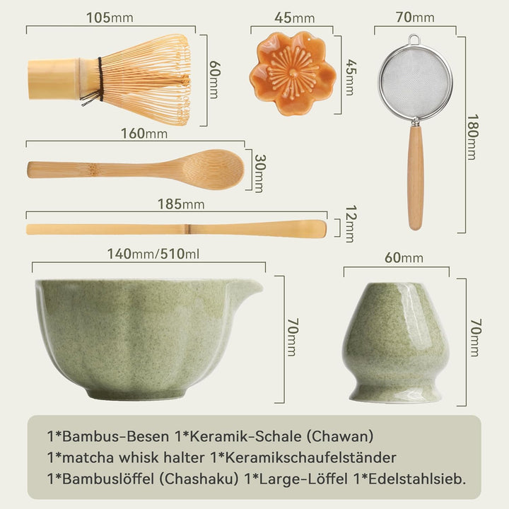 HEI MING Premium Matcha Set 7-teilig – Exklusives Teezeremonie-Set mit Bambus-Chasen (Besen), Grün K