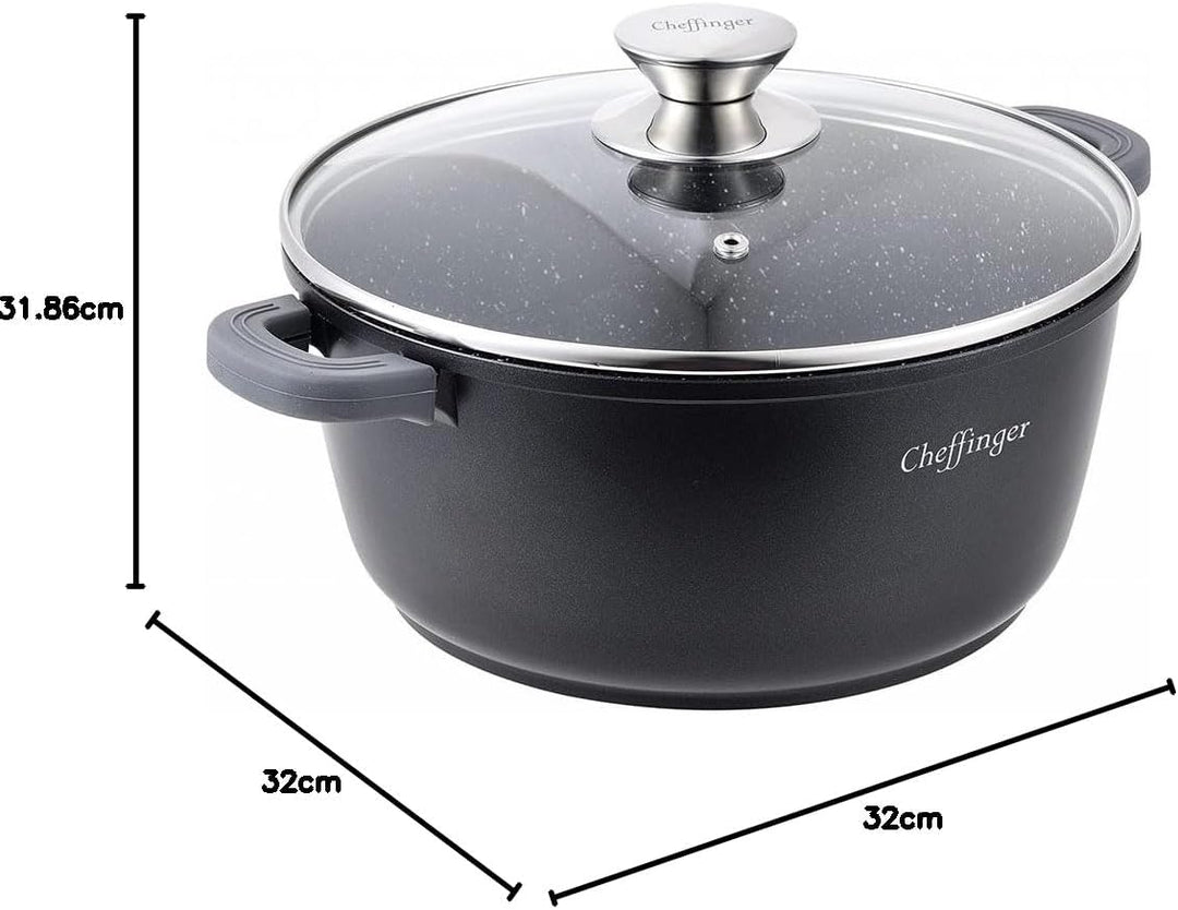 Cheffinger Kochtopf Aluguss Induktion Ø32cm Suppentopf Pfanne Topf Deckel Brattopf Schwarz, CF-DC32
