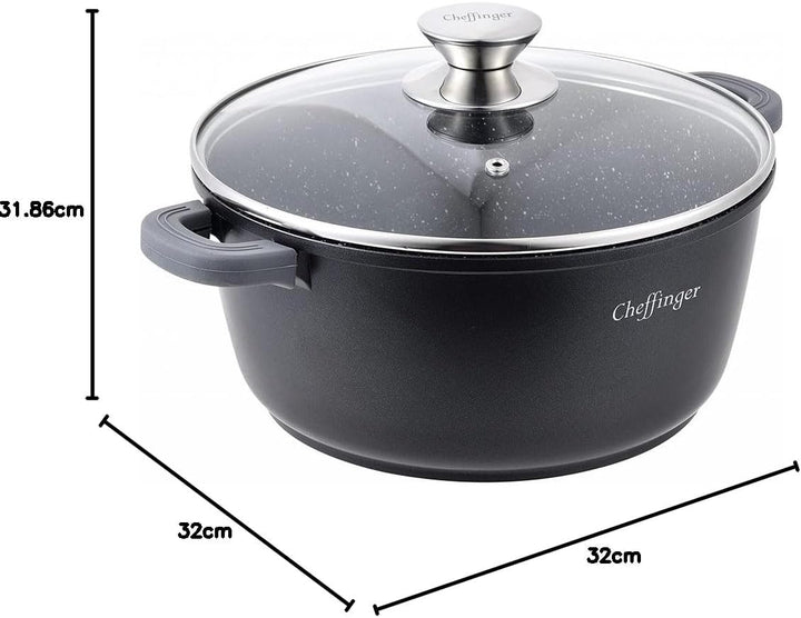 Cheffinger Kochtopf Aluguss Induktion Ø32cm Suppentopf Pfanne Topf Deckel Brattopf Schwarz, CF-DC32