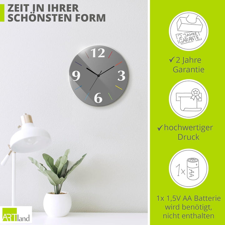 ARTLAND Wanddeko Wanduhr ohne Tickgeräusche aus Glas Quarzuhr Ø 30 cm Rund Lautlos Trendfarbe Grau-B