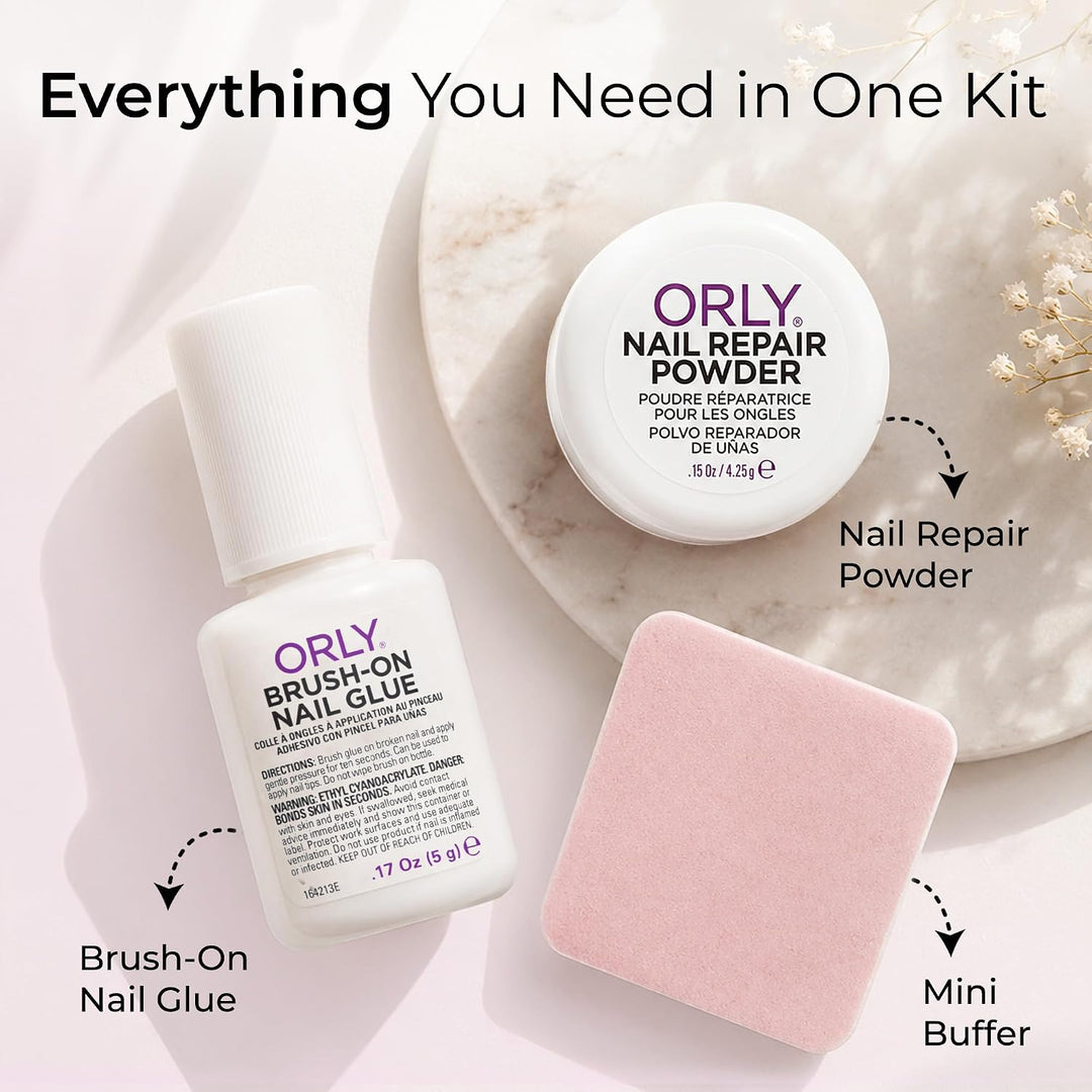 ORLY Nagel-Reparatur Set - mit Brush-On Nail Glue, Nail Repair Powder und Polierfolie - schnelle und