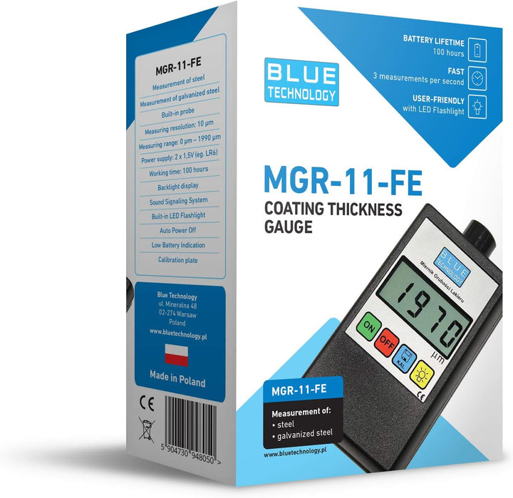 Blue Technology Schichtdickenmessgerät Lackdickenmessgerät MGR-11-FE | Stahl Coating Thickness Gauge