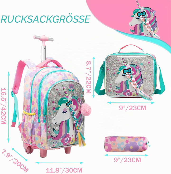 HTgroce Trolley Rucksack Mit Rollen, Federmäppchen, Lunch Tasche 3 in 1 Leicht Rolling Schulranzen f