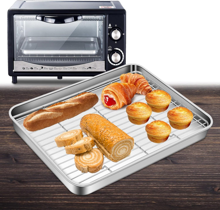 APLKER Backblech mit Gitter Set, Edelstahl Kuchenblech Backofenblech, Rechteckige Ofenblech Pizzable