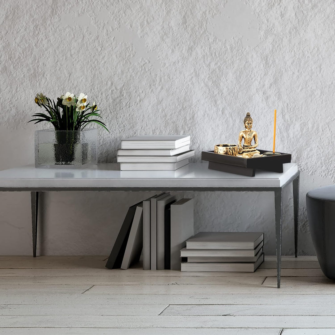 4 x Zen Garten, mit Buddha, Steinen, Sand, Räucherstäbchen & Teelichthalter, Entspannung, Feng Shui