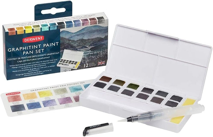 Derwent Graphitint Tragbare Palette mit 12 Farben, Paint Travel Set Palette, Wassertankpinsel & Schw