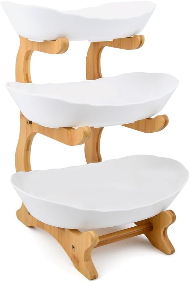 HUOLE Obstkorb, 3 Etagen, Obstkorb aus Keramik, mit Ständer aus robustem Holz, für Küchenarbeitsplat