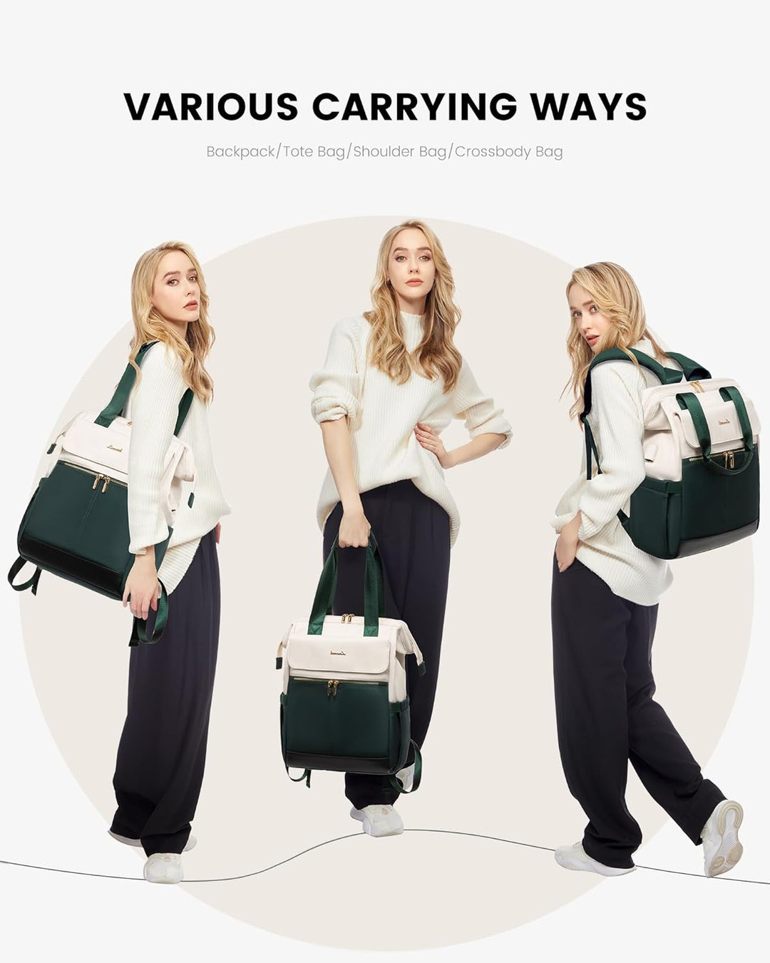 LOVEVOOK Rucksack Damen Grün, 15,6 Zoll Laptop Backpack, Tagesrucksäcke Handtasche 2 in 1, Arbeitsta