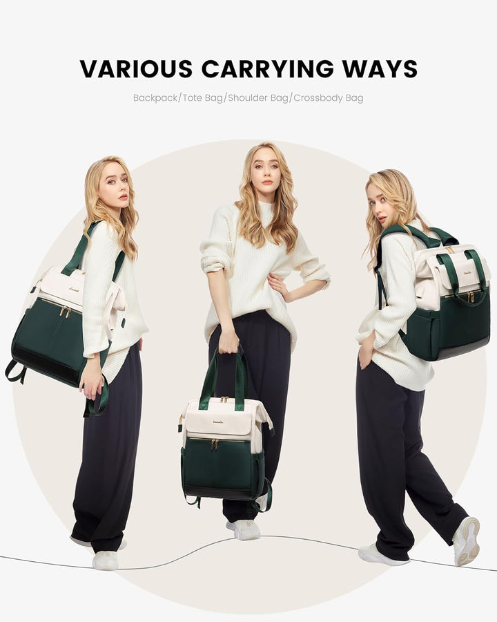 LOVEVOOK Rucksack Damen Grün, 15,6 Zoll Laptop Backpack, Tagesrucksäcke Handtasche 2 in 1, Arbeitsta