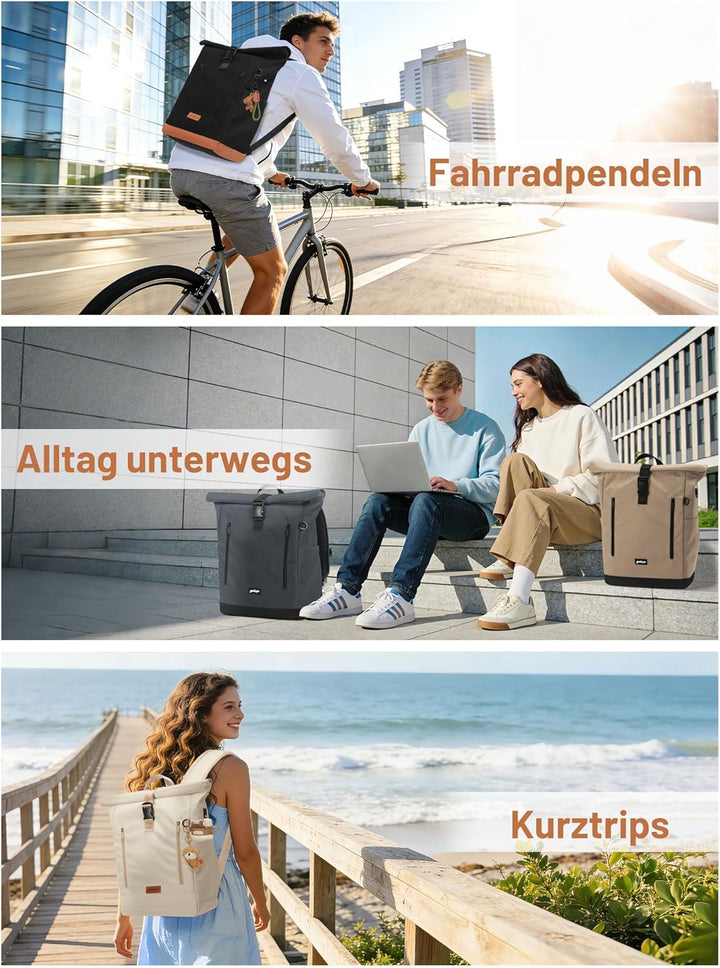 Rucksack Damen & Herren, 24-30L Rolltop Rucksack Laptoprucksack mit 17 Zoll Laptopfach & USB Anschlu
