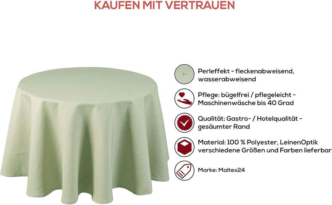 Textil Tischdecke - Leinen Optik - wasserabweisend Rund (Lindgrün, 220 cm) Lindgrün 220 cm, Lindgrün